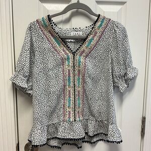 THML Anthropologie SZ S Embroidered Polka Dot Short Sleeve Blouse Top